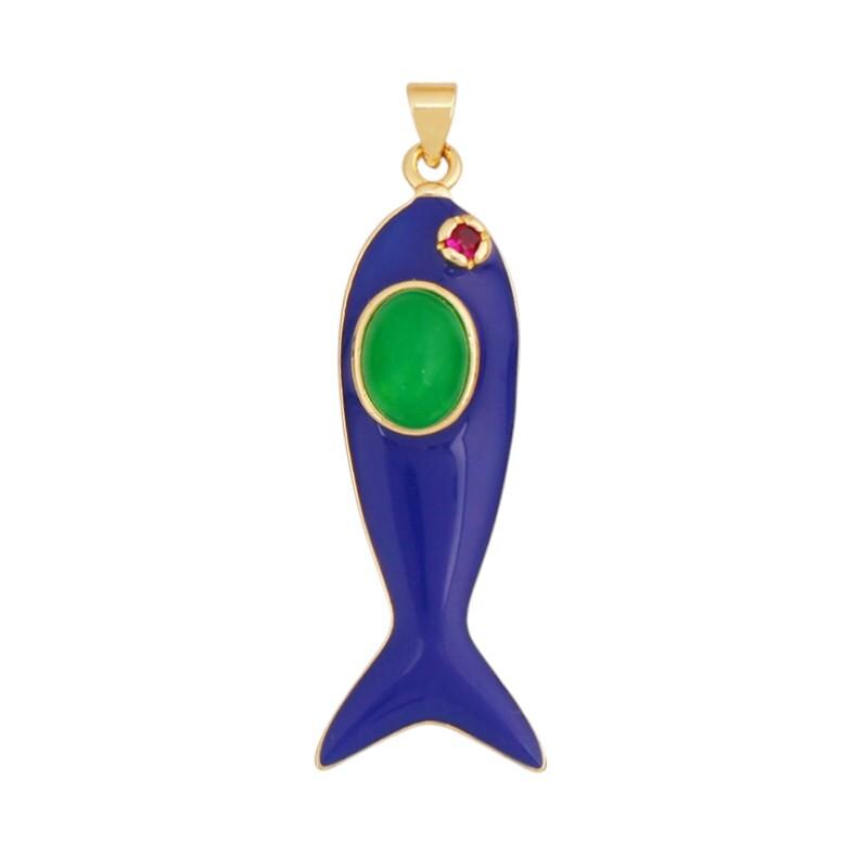 Gold Plated Enamel Fish Charm Pendant, Colorful Stone, 43mm Statement Jewelry