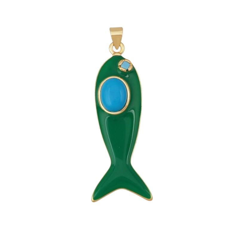 Gold Plated Enamel Fish Charm Pendant, Colorful Stone, 43mm Statement Jewelry