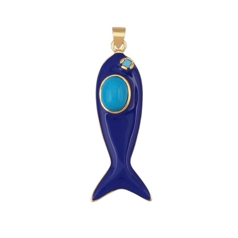 Gold Plated Enamel Fish Charm Pendant, Colorful Stone, 43mm Statement Jewelry