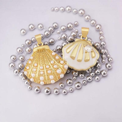 Gold Pearl Clam Shell Pendant, Coastal Inlay Charm Jewelry