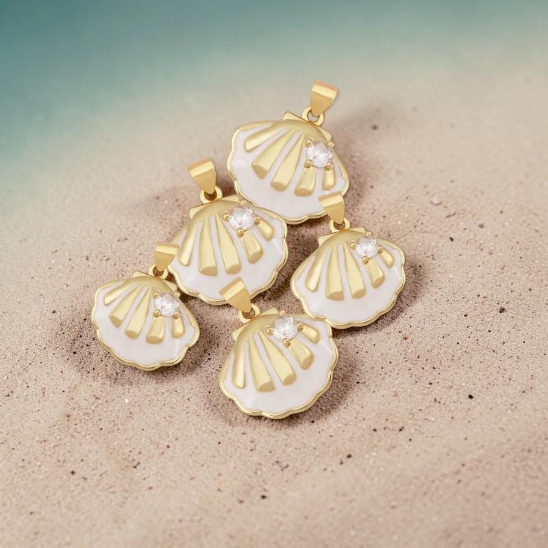 Gold Pearl Clam Shell Pendant, Coastal Inlay Charm Jewelry
