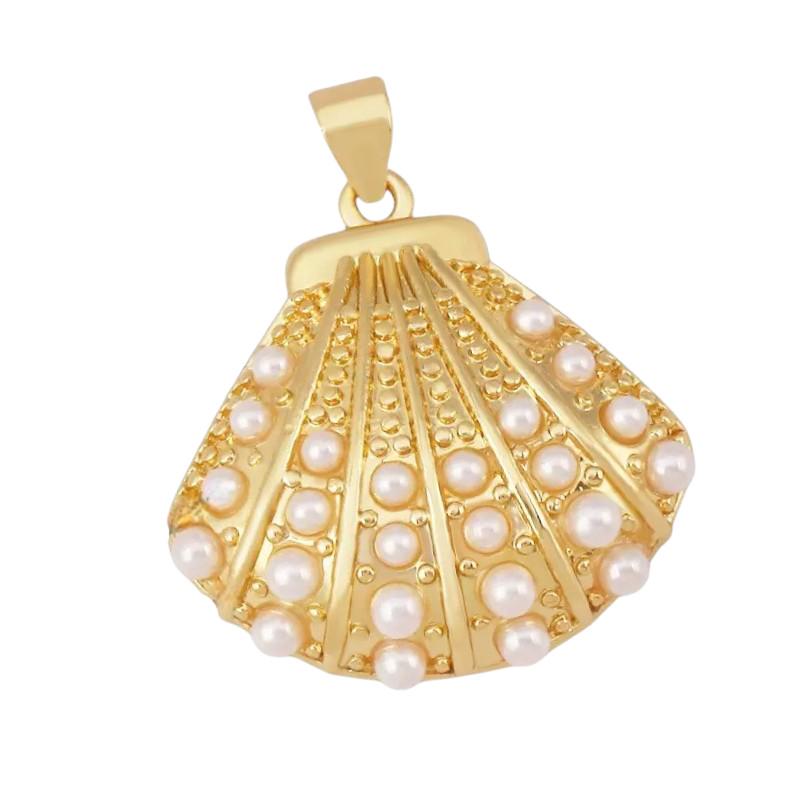Gold Pearl Clam Shell Pendant, Coastal Inlay Charm Jewelry