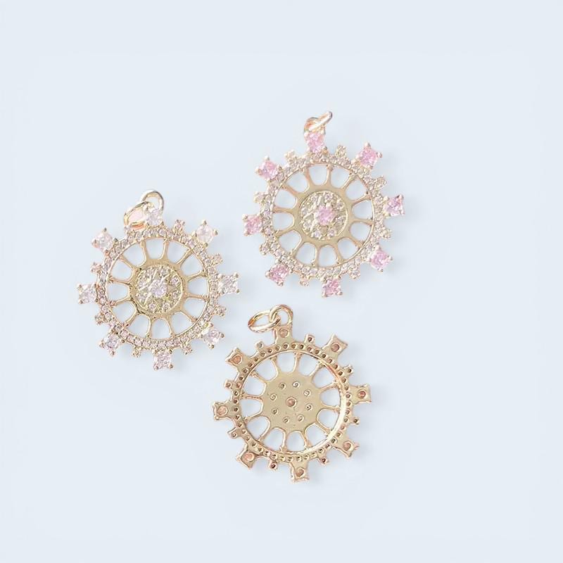 Gold Sunburst Charm, Pink CZ Crystal Pendant, Plated Round Jewelry Findings