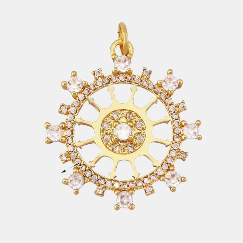 Gold Sunburst Charm, Pink CZ Crystal Pendant, Plated Round Jewelry Findings