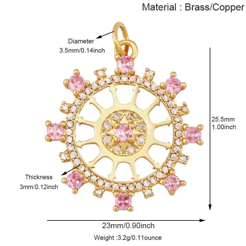 Gold Sunburst Charm, Pink CZ Crystal Pendant, Plated Round Jewelry Findings