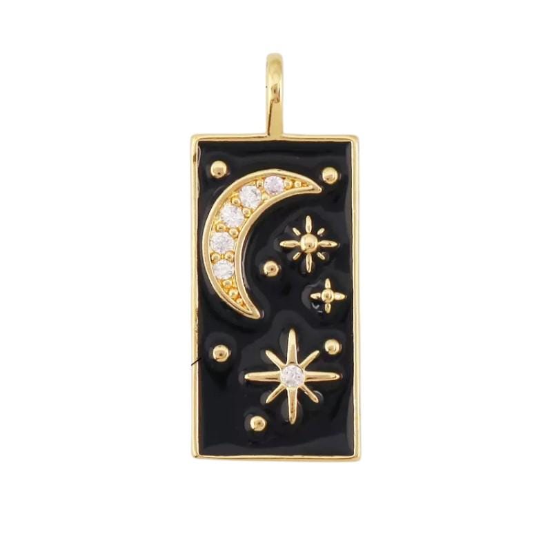 Celestial Charm Set, Gold CZ Star, Moon Phase Pendant, Enamel Charm.
