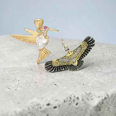 Gold Eagle and Hummingbird Pendants, CZ Bird Charms, Nature Jewelry.