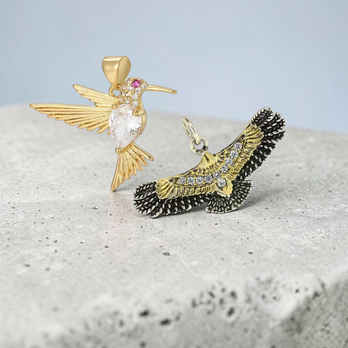 Gold Plated Eagle and Hummingbird Pendants, CZ Bird Charm Jewelry.