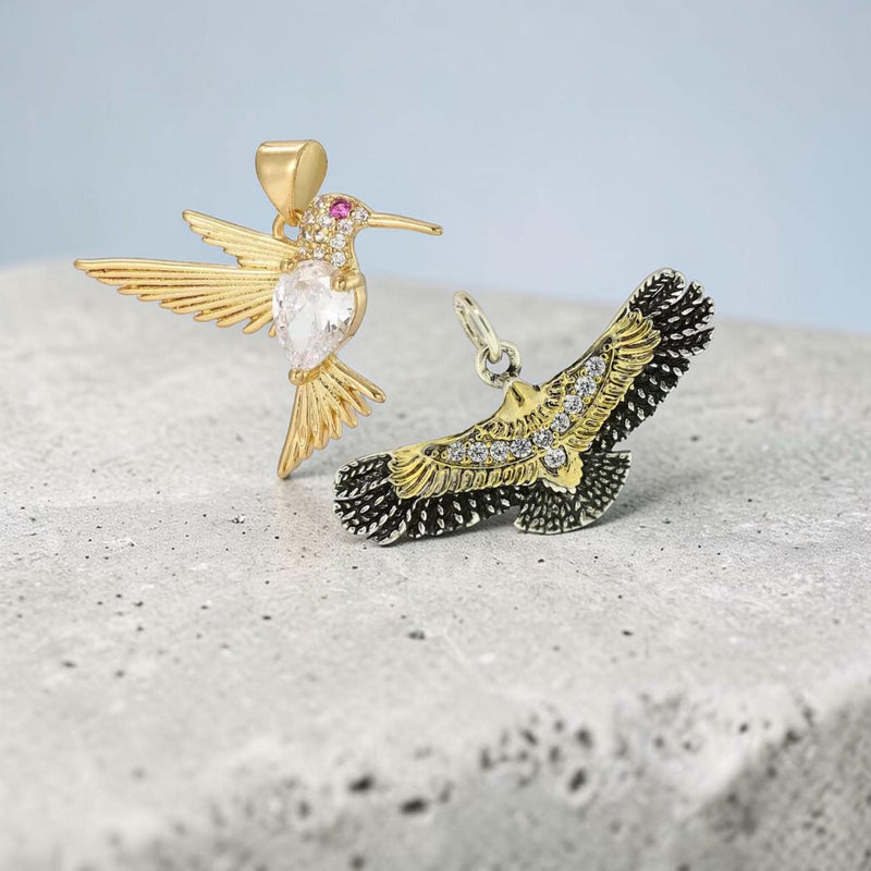 Gold Plated Eagle and Hummingbird Pendants, CZ Bird Charm Jewelry.