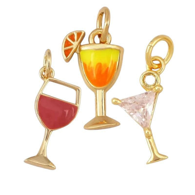 Gold Enamel Cocktail Charms, Wine Martini Tropical Drink Jewelry Supplies.