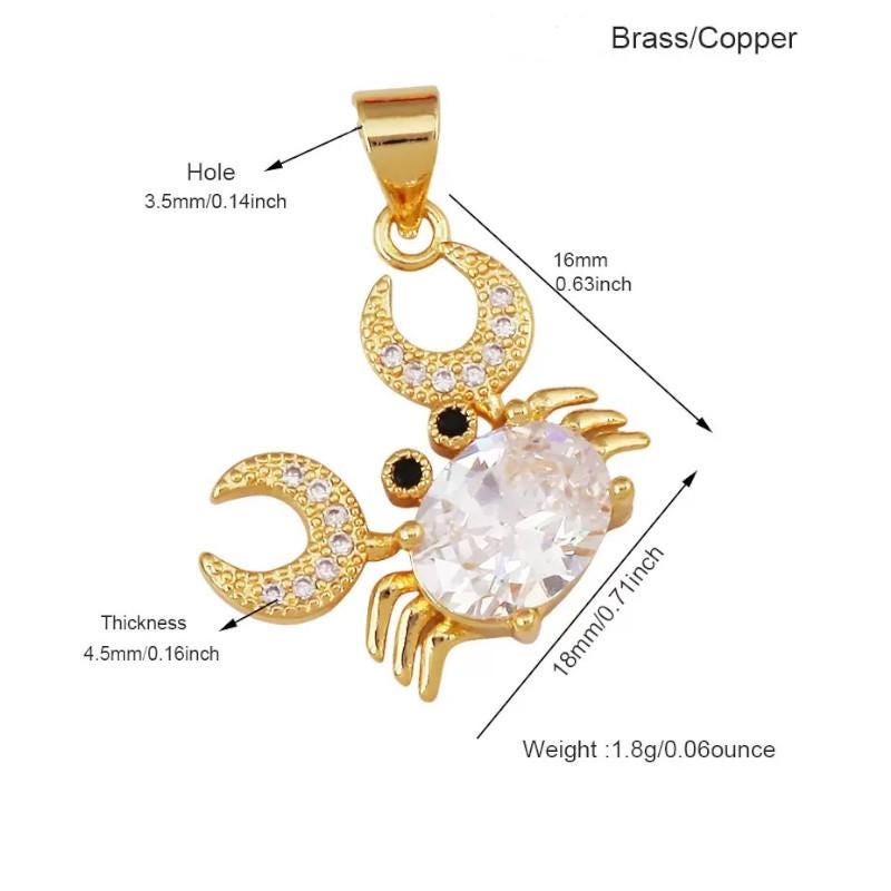 Gold Crab Pendant, CZ Crystal Charm, Ocean Beach Jewelry Making Supplies.