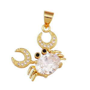 Gold Crab Pendant, CZ Crystal Charm, Ocean Beach Jewelry Making Supplies.