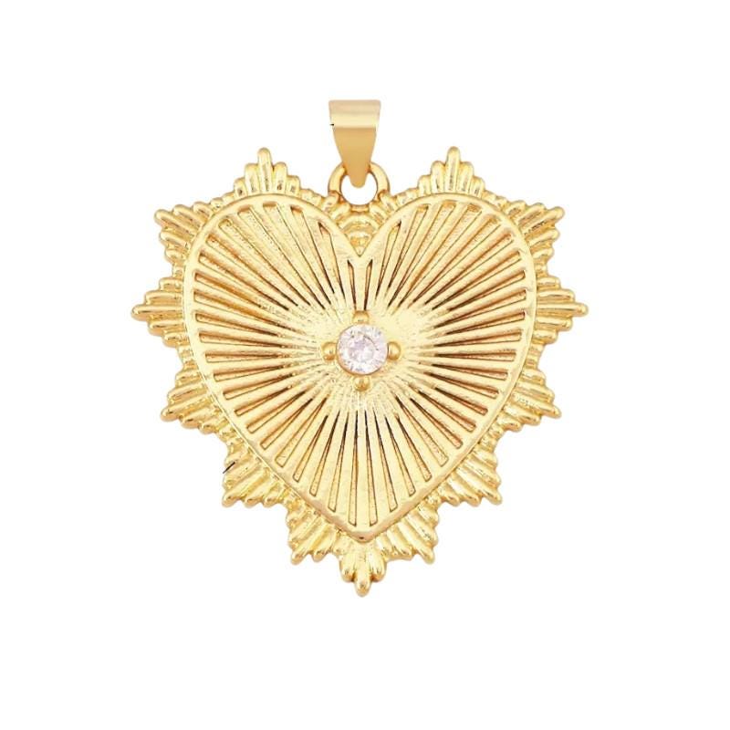 Large Gold Sunburst Heart Pendant, CZ Charm, Sacred Heart Style.