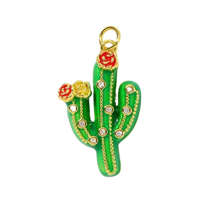Enamel Cactus Charm Pendant, Gold-Tone CZ Desert Jewelry, Boho Style.