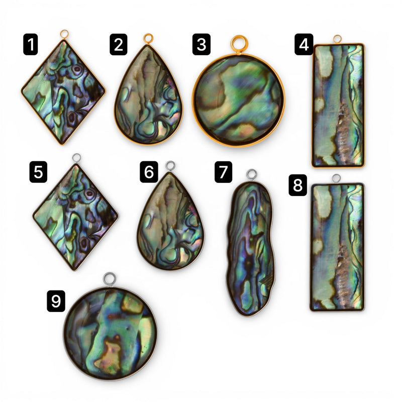 Abalone Shell Pendant Charm Collection, Gold or Silver Trim
