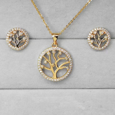 18K Gold Plated Tree of Life Jewelry Set  Necklace & Earrings with Crystal Accents