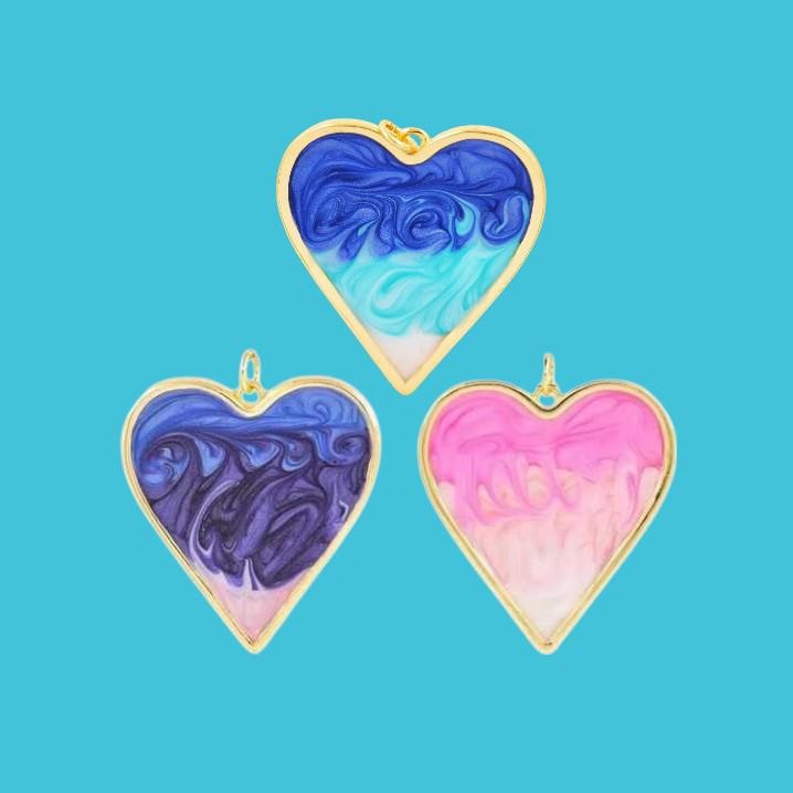 Heart Pendant, Gold Trim Enamel Charm, Large Statement Heart Jewelry