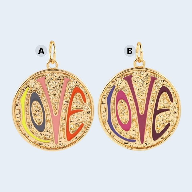 Colorful LOVE Charm Pendant, Gold Round Enamel Love Medallion