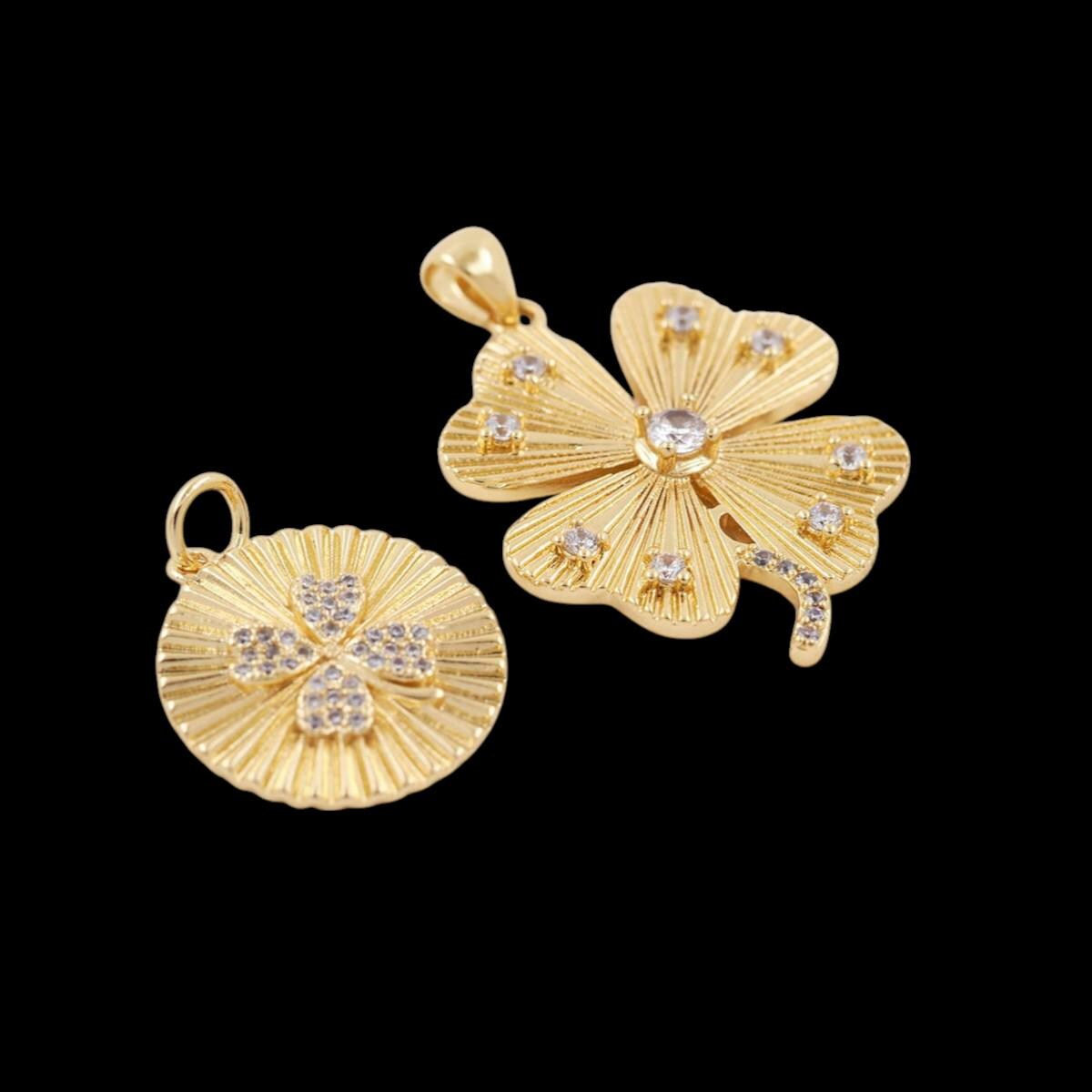 Gold Four Leaf Clover Pendant, CZ Lucky Shamrock Charm
