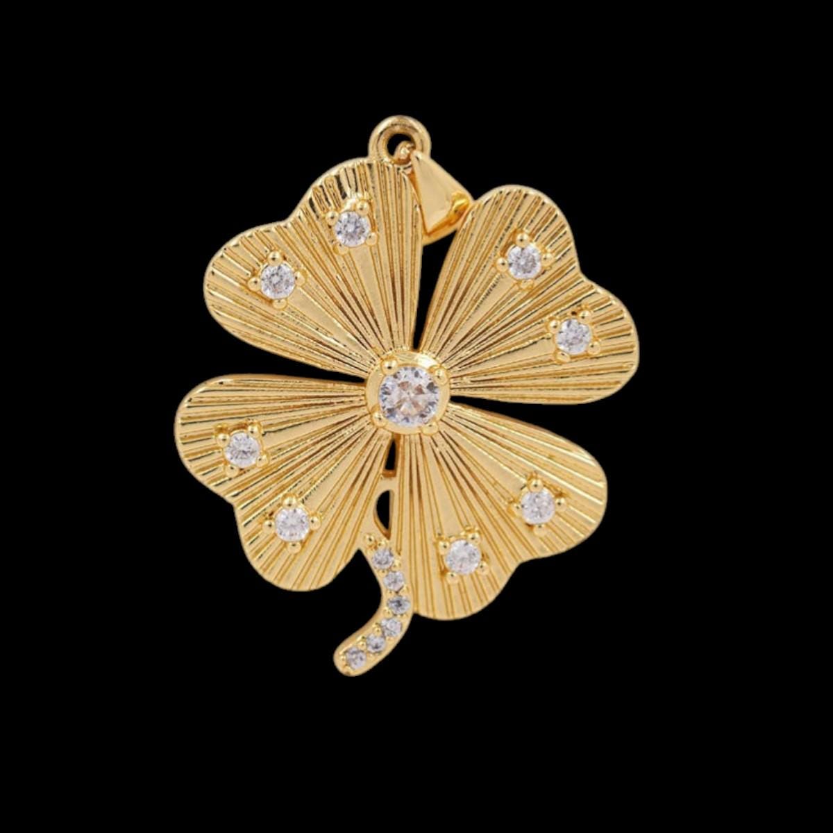 Gold Four Leaf Clover Pendant, CZ Lucky Shamrock Charm