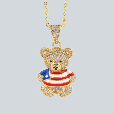 Gold Teddy Bear Pendant with American Flag Shirt, CZ Pave Bear Charm,