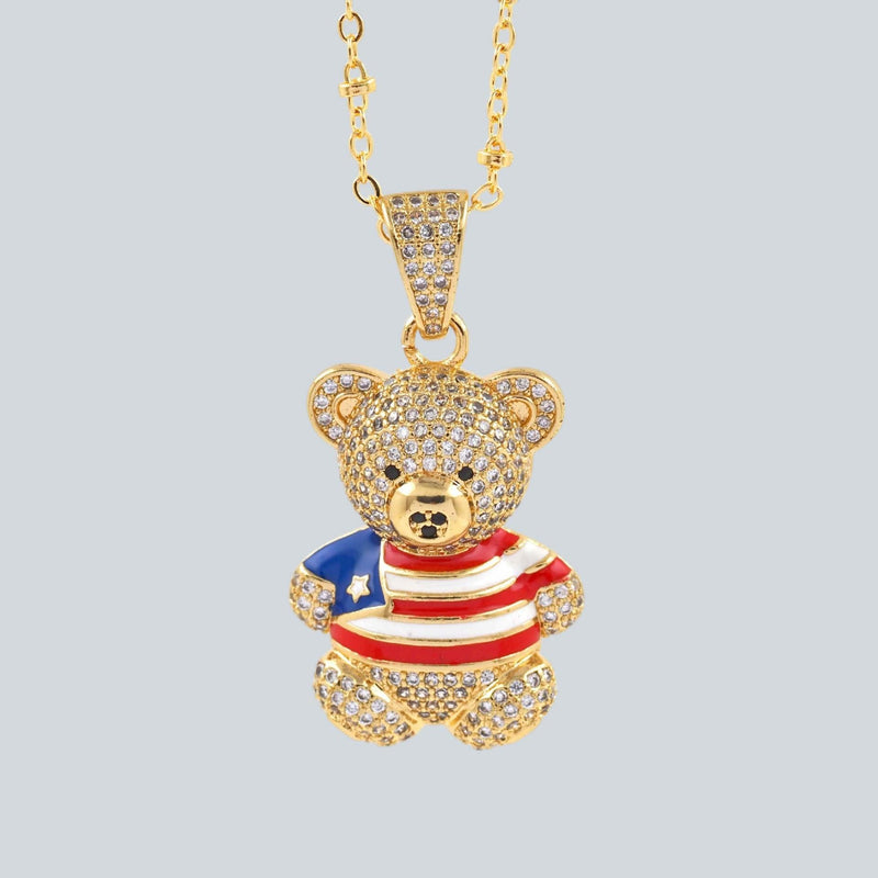 Gold Teddy Bear Pendant with American Flag Shirt, CZ Pave Bear Charm,