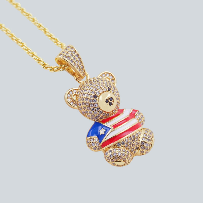 Gold Teddy Bear Pendant with American Flag Shirt, CZ Pave Bear Charm,
