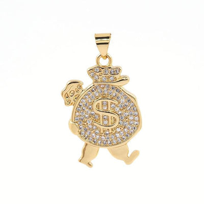 Gold Money Bag Pendant with Dollar Sign, CZ Pave Cash Charm,