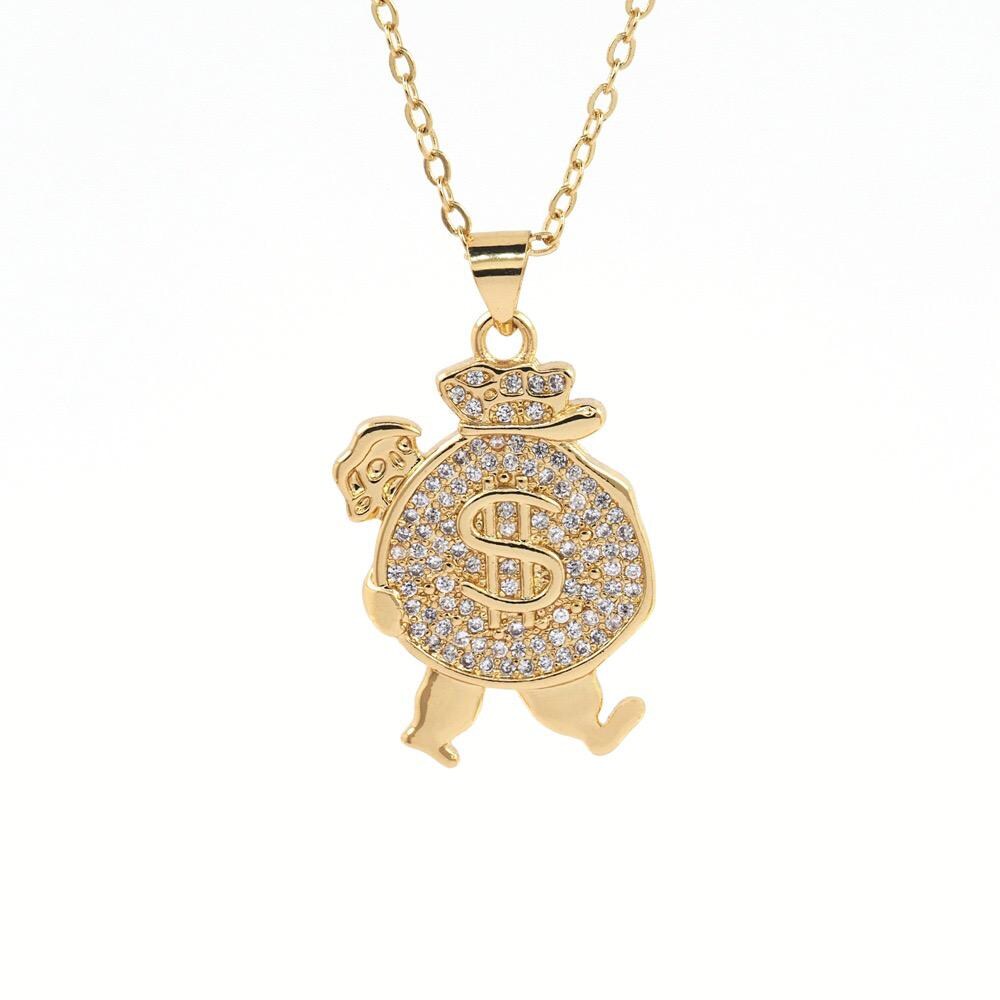 Gold Money Bag Pendant with Dollar Sign, CZ Pave Cash Charm,