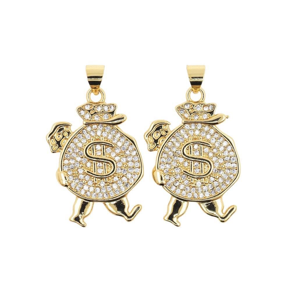 Gold Money Bag Pendant with Dollar Sign, CZ Pave Cash Charm,