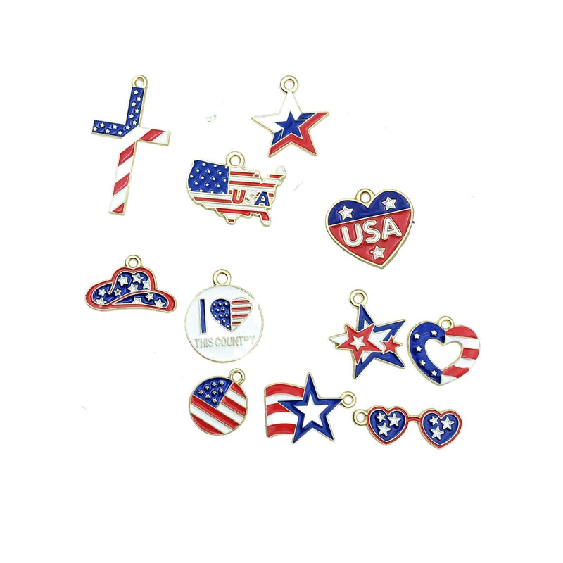 Gold Plated Patriotic Charms, USA Enamel Pendant Collection, 4th of July Jewelry Supplies
