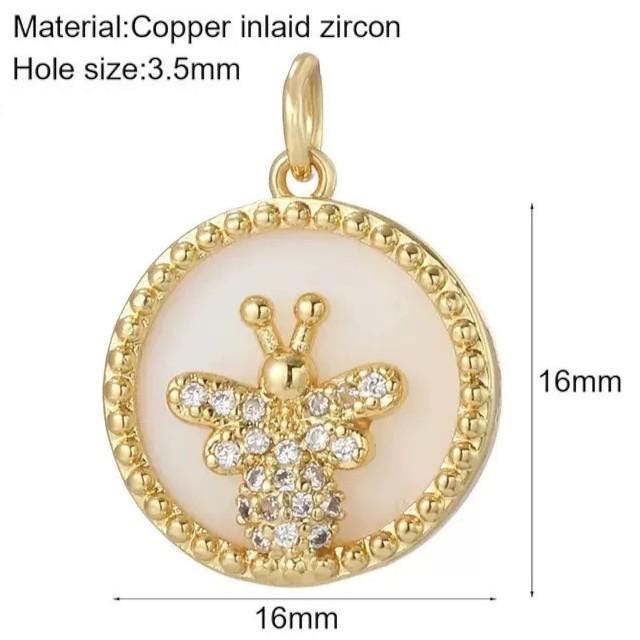 Gold Plated Bee Charm Pendant, CZ Honeybee Medallion, Round Enamel Inlay Charm, 16mm