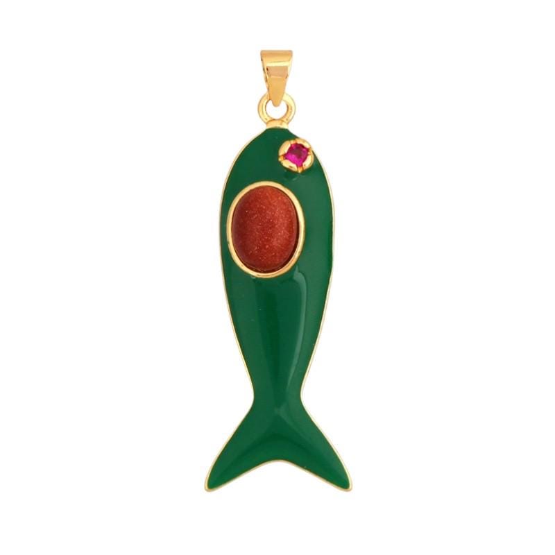 Gold Plated Enamel Fish Charm Pendant, Colorful Stone, 43mm Statement Jewelry