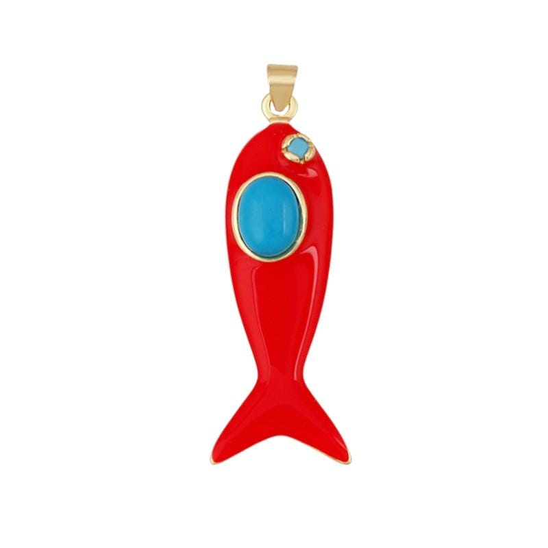 Gold Plated Enamel Fish Charm Pendant, Colorful Stone, 43mm Statement Jewelry