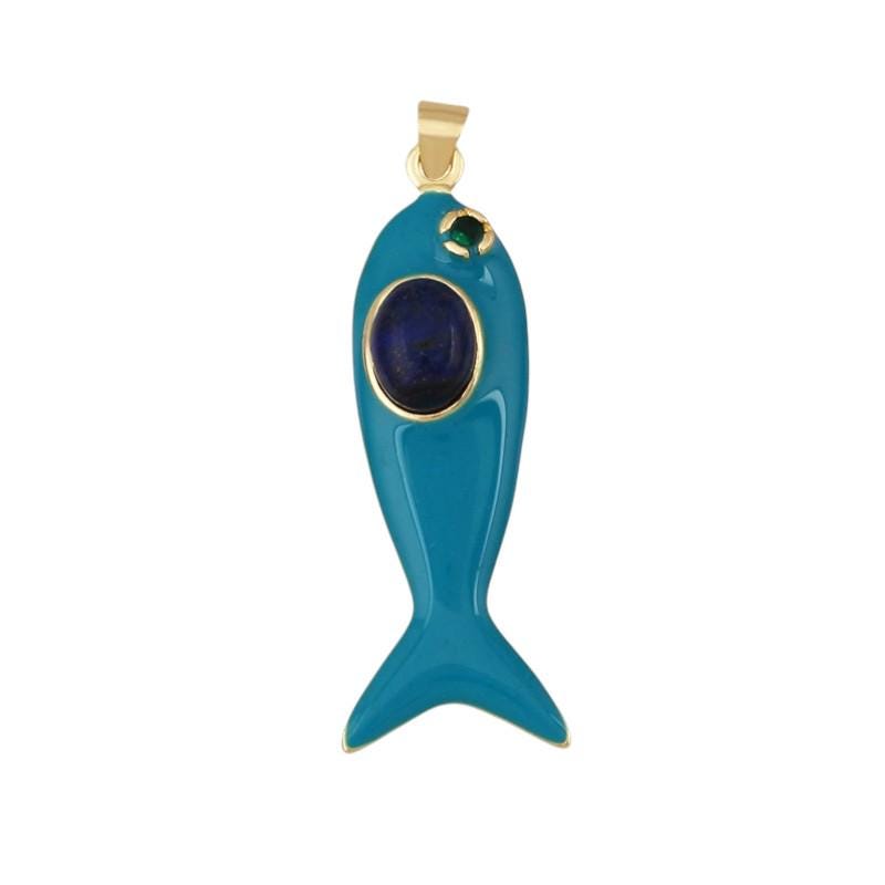 Gold Plated Enamel Fish Charm Pendant, Colorful Stone, 43mm Statement Jewelry