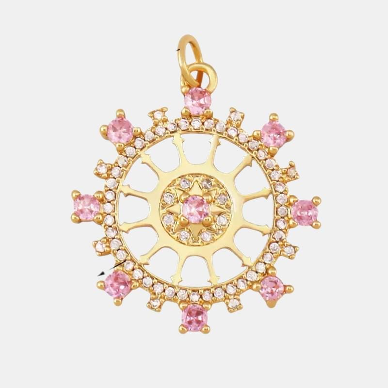 Gold Sunburst Charm, Pink CZ Crystal Pendant, Plated Round Jewelry Findings