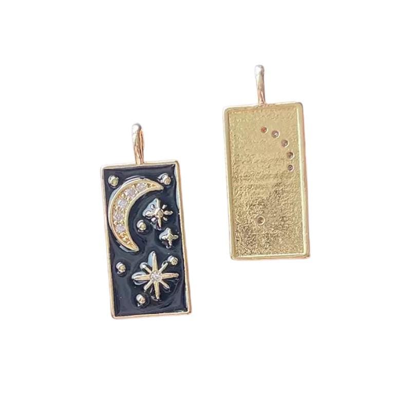 Celestial Charm Set, Gold CZ Star, Moon Phase Pendant, Enamel Charm.