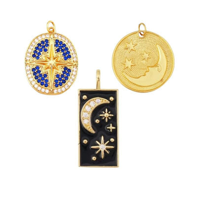 Celestial Charm Set, Gold CZ Star, Moon Phase Pendant, Enamel Charm.