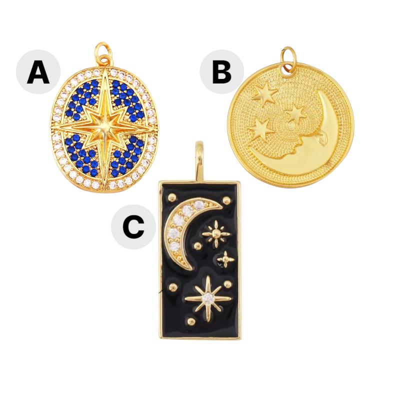 Celestial Charm Set, Gold CZ Star, Moon Phase Pendant, Enamel Charm.