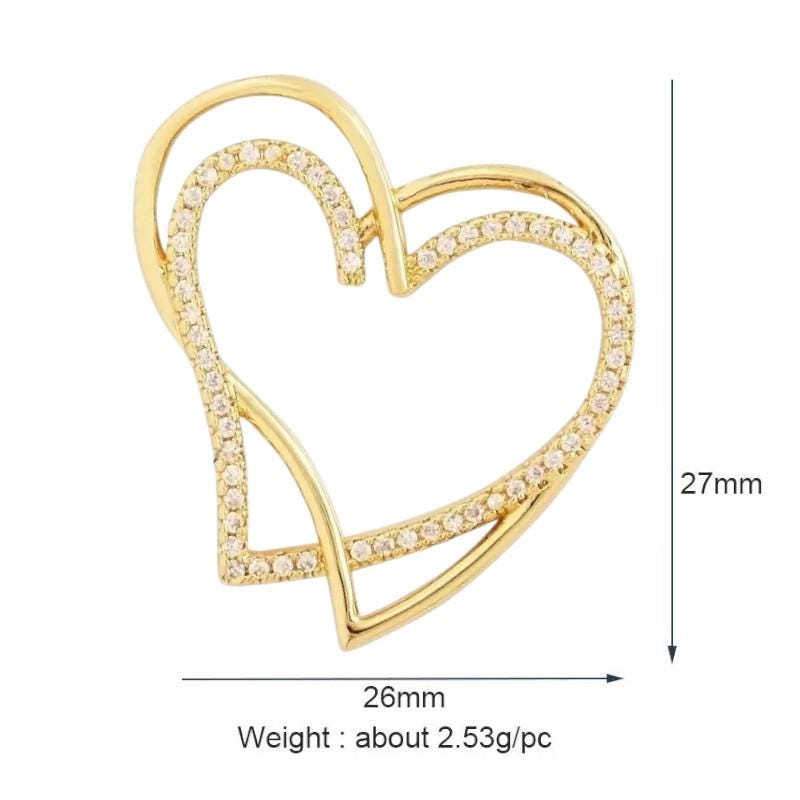 Gold Puffy Heart Pendant, CZ Open Heart Charm, Love Jewelry Findings.