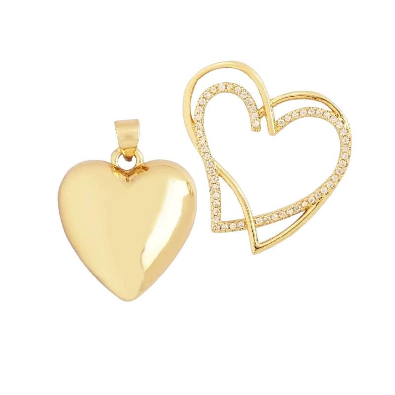 Gold Puffy Heart Pendant, CZ Open Heart Charm, Love Jewelry Findings.