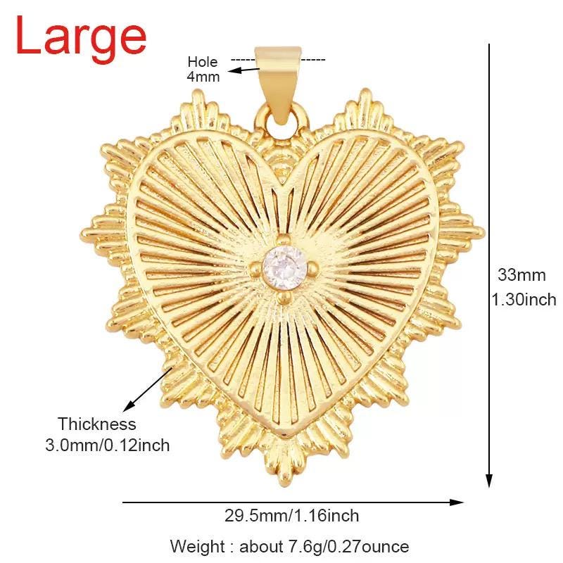 Large Gold Sunburst Heart Pendant, CZ Charm, Sacred Heart Style.