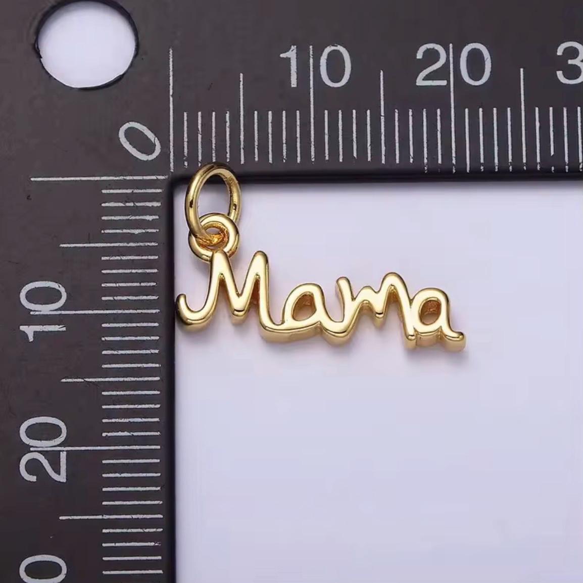 Gold Mama Script Charm, Minimalist Cursive Pendant, Mother's Day Jewelry DIY.