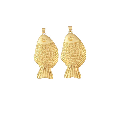 Textured Gold Fish Pendant Charm, Minimalist Lucky Symbol Jewelry.