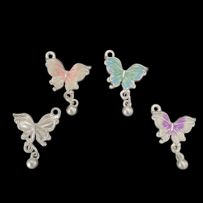 Enamel Butterfly Charm, Dangle Pendant, Silver-Tone Alloy, Colorful Accents.