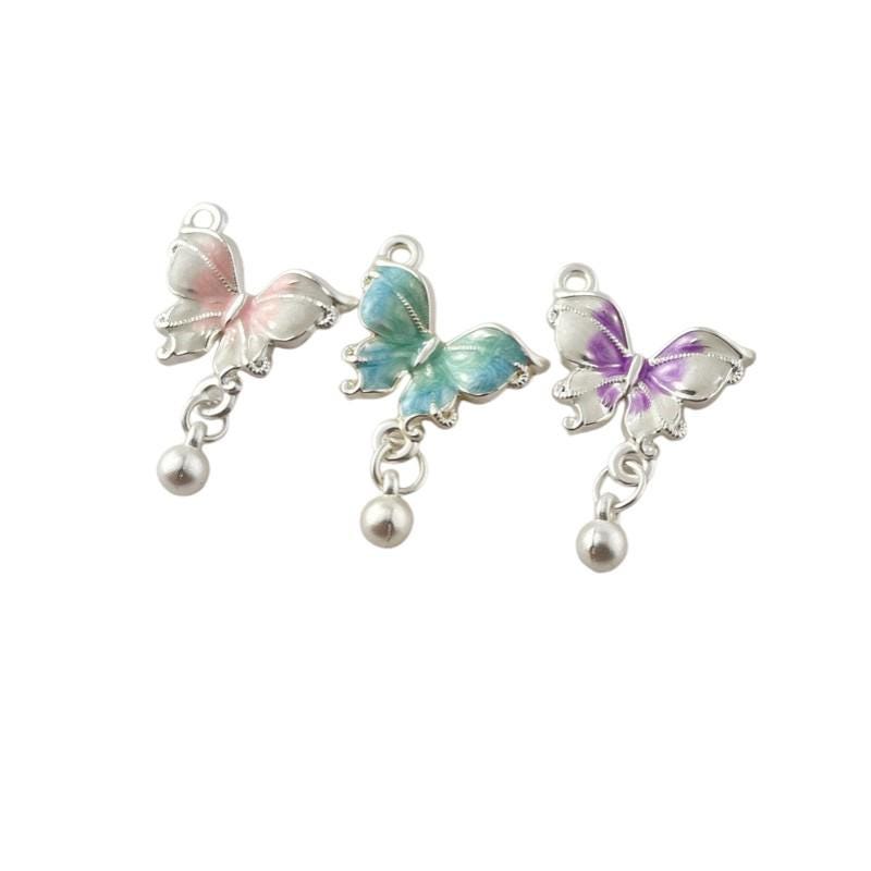 Enamel Butterfly Charm, Dangle Pendant, Silver-Tone Alloy, Colorful Accents.