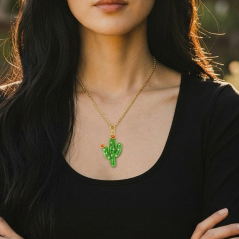 Enamel Cactus Charm Pendant, Gold-Tone CZ Desert Jewelry, Boho Style.