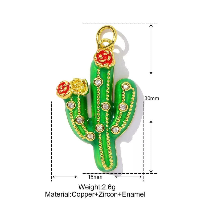 Enamel Cactus Charm Pendant, Gold-Tone CZ Desert Jewelry, Boho Style.