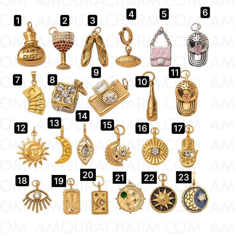 Gold Plated Symbol & Lucky Charms, Sun Moon Eye Camera Ballet Pendant Set