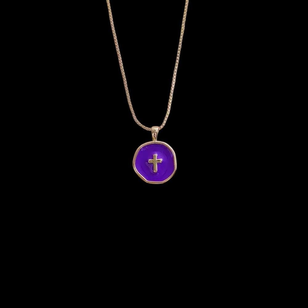 18 Inch Adjustable Gold Plated Cross Necklace, Color Enamel Round Charm Pendant,